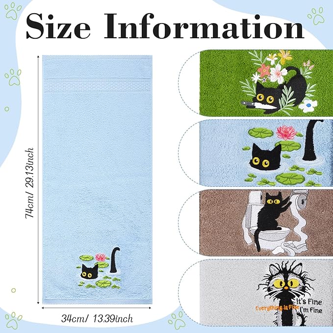 4 Pack Funny Black Cat Hand Towels Embroidered Towels Set for Bathroom Kitchen Decor Soft Absorbent Cotton Face Wash Cat Lover Gifts for Women Men Home Accessories 29" x 13"