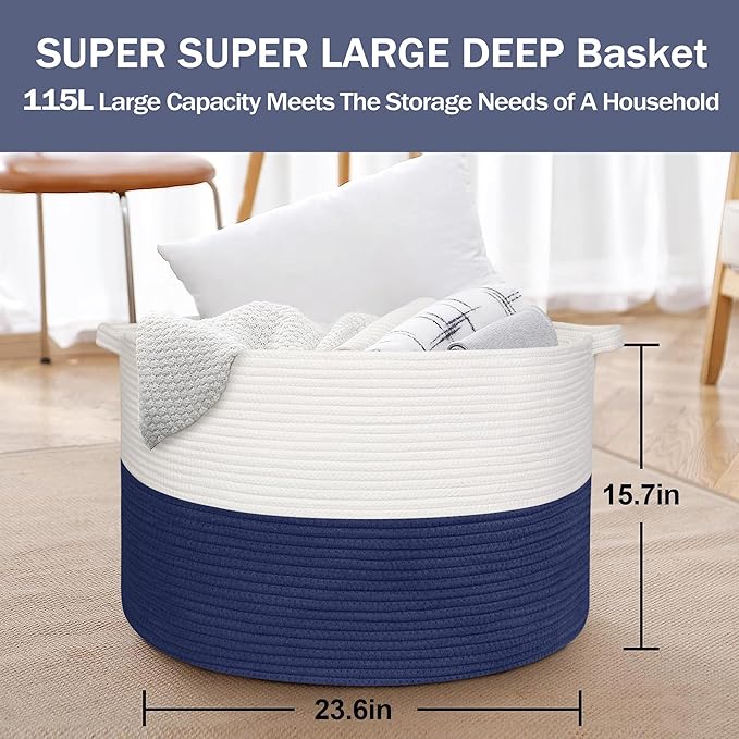 115L Super Large Blanket Basket, Kids Dog Toy Storage Bin Box, Oversized Baby Toy Organizer, Cotton Rope Woven Bin, XXXL Jumbo Basket for Blankets for Living Room, 23.6"x15.7", Dark Blue