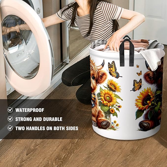 Sunflower Highland Cow Baby Laundry Hamper,kids laundry Basket,Waterproof Storage Bin for Bedroom,Clothes Organizer Basket,Toys Box,Room Decor