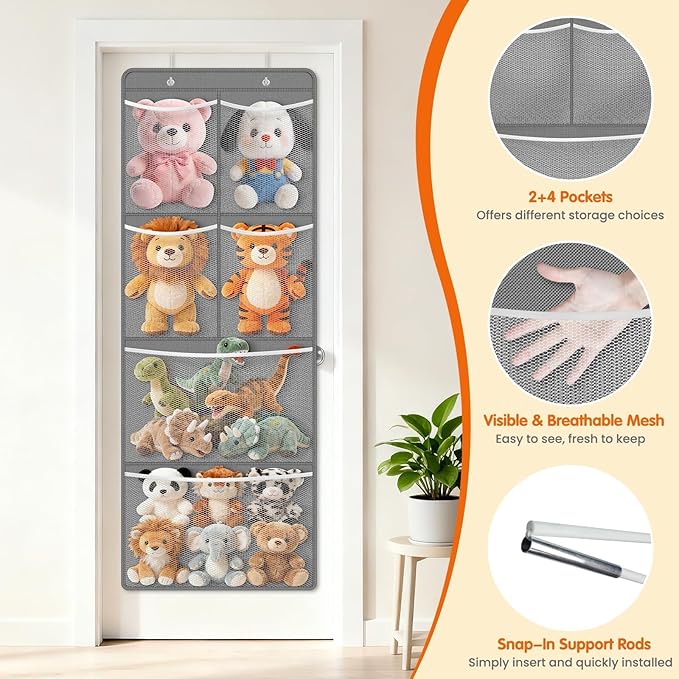 Stuffed Animal Storage - Large Over the Door Organizer with 6 Expandable Mesh Pockets & Metal Hooks, Non-Woven Fabric Hanging Plush Items Holder for Nursery, Bedroom, Playroom (Gray)