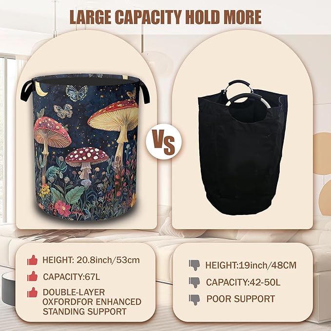 Vintage Mushroom Moon Laundry Hamper,Laundry Baskets,Waterproof Oxford Cloth Toy Storage for Bedroom,Bathroom,Nursery,16x20.8 Inch