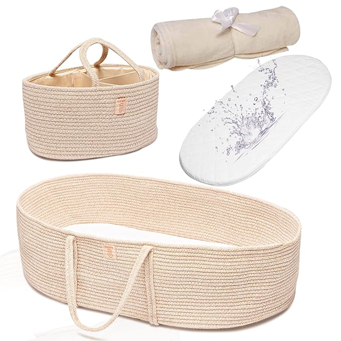 Trendy Baby Changing Basket- Unisex Baby Moses Basket Set of 4 Pieces, Waterproof Pad Cover, Caddy Diaper Organizer,Cotton Blanket - Boho Basket - Nursery Decor - Bassinet Changing Table Topper