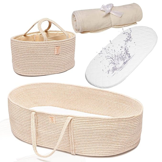 Trendy Baby Changing Basket- Unisex Baby Moses Basket Set of 4 Pieces, Waterproof Pad Cover, Caddy Diaper Organizer,Cotton Blanket - Boho Basket - Nursery Decor - Bassinet Changing Table Topper