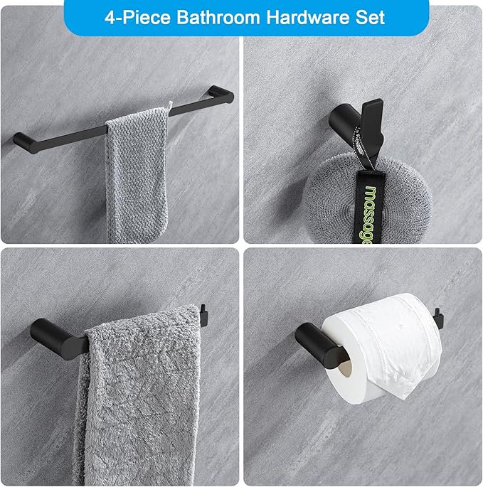 4-Pieces Bathroom Accessories Set, Matte Black Towel Bar Set Modern Stainless Steel Towel Rack Towel Hooks Toilet Paper Holder for Bathroom Wall Mounted, 23 Inch