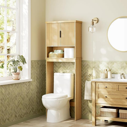 VASAGLE MAXE Collection - Over The Toilet Storage Cabinet, 23.6-Inch Wide Mid Century Modern Bathroom Organizer with Fluted Doors, Adjustable Shelf, Space-Saving, Oak Beige UBTS028YC01S