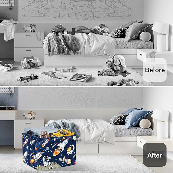 Space Rockets Laundry Hamper Cartoon Astronaut Large Storage Basket Planet Collapsible Parents Organizer Boys Clothes Toy Bins for Bedroom, Bathroom, Blue, 36L