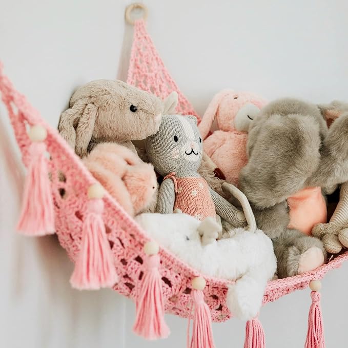 Macrame Toy Hammock for Stuffed Animals - Plushie Toy Hammock for Baby Girl Nursery Decor, Plush Hammock, Stuffy Hammock, Hanging Stuffed Animal Organizer, Sweet Pink