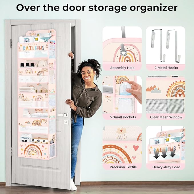 Clastyle Boho Rainbow Baby Clothes Diaper Over The Door Organizer Kid Pink Cloud Toy Stuffed Animal Nursery Hanging Storage Organizer Closet Door Hanging Shelf Storage for Bedroom Bathroom Pantry
