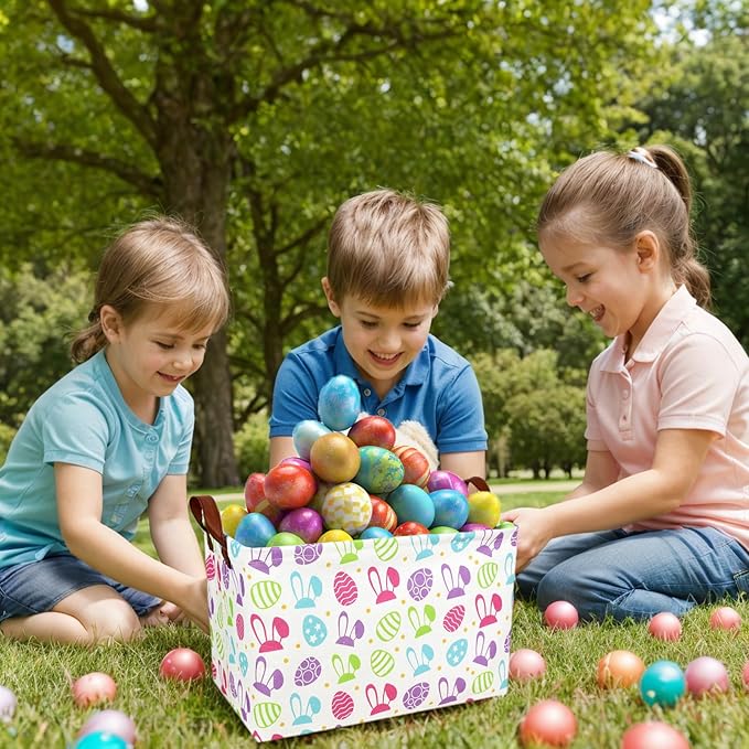 Large Rectangular Cute Kid Easter Basket Empty Bunny Eggs Easter Basket Gift Spring Room Storage Organizer Décor (Long Eared Rabbit Easter Egg)