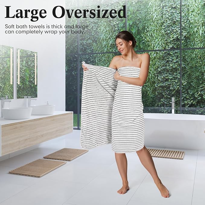 4 Pieces Extra Large Black and White Striped Bath Towels Set 35 x 70 in Coral Fleece Oversized Bathroom Pool Towel Highly Absorbent Soft Quick Dry Shower Bath Sheets for Hotel Spa Pool
