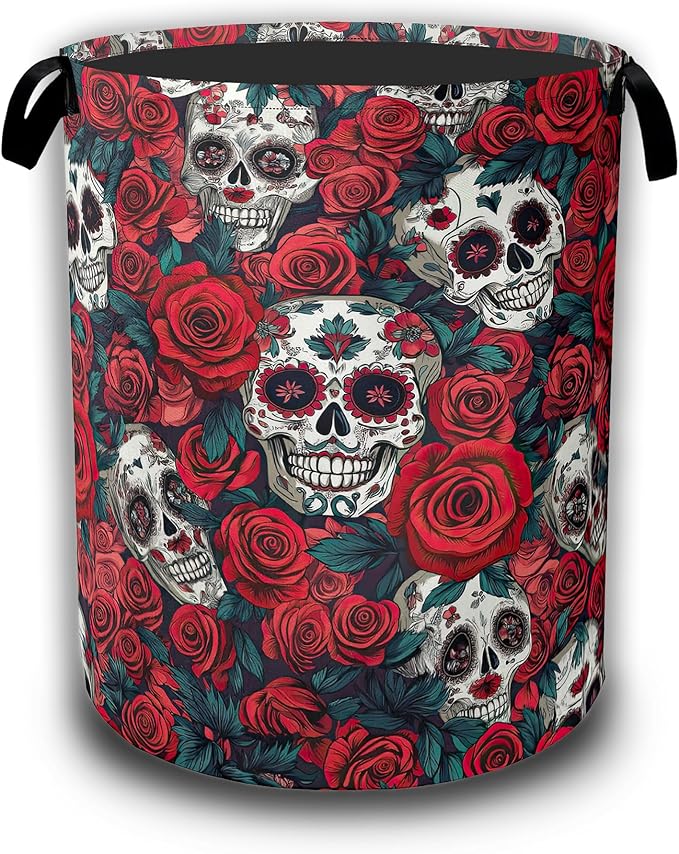 Skull Red Rose Laundry Hamper,Flowers Skeleton Laundry Baskets,Waterproof Oxford Cloth Toy Storage for Bedroom,Bathroom,Nursery,16x20.8 Inch