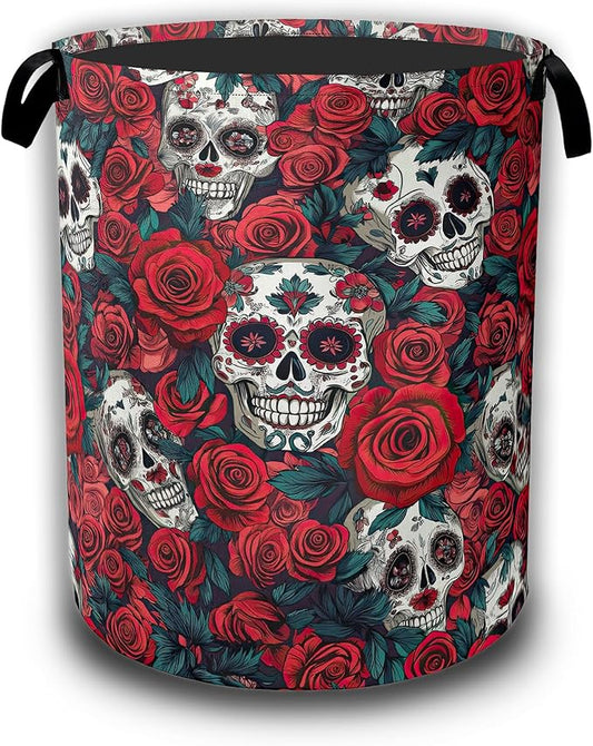 Skull Red Rose Laundry Hamper,Flowers Skeleton Laundry Baskets,Waterproof Oxford Cloth Toy Storage for Bedroom,Bathroom,Nursery,16x20.8 Inch