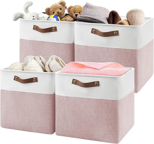 13 Inch Cube Storage Bins,Set of 4, Foldable Storage Basket with PU Handles for Organizing Home, Closet, Laundry, Office, Organizers for Shelves(White/Pink)