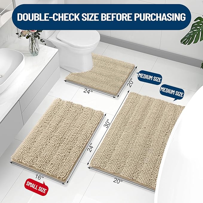 Grandaily Chenille Striped Bathroom Rugs 59x24, Extra Thick and Absorbent Bath Mats, Non-Slip Soft Plush Shaggy Shower Carpet, Machine Wash Dry, Bath Rug for Bathroom, Beige