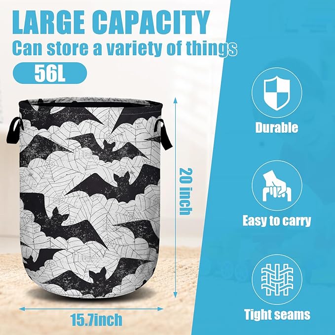 Retro Black White Bat Laundry Basket, Halloween Laundry Hamper Collapsible Oxford Cloth with Handle Clothes Toy Storage Bin for Bathroom Laundry Room Bedroom 15.7 X 20 Inch