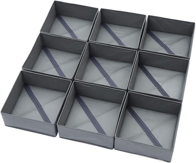 DIOMMELL 9 Pack Foldable Cloth Storage Box Closet Dresser Drawer Organizer Fabric Baskets Bins Containers Divider for Clothes Underwear Bras Socks Lingerie Clothing, M Grey 900