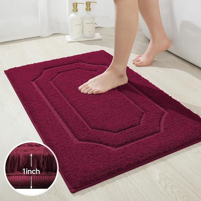 HOMEIDEAS Bathroom Rugs Sets 2 Piece, Extra Soft and Absorbent Microfiber Plush Bath Mat with Non Slip Backing(Burgundy Red)
