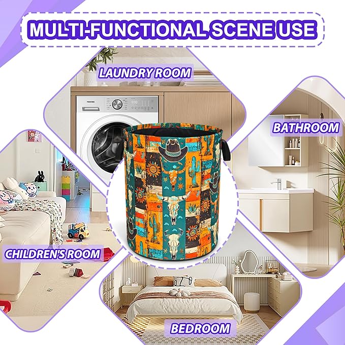 Western Cattle Skull Laundry Basket Cow Oxford Cloth Laundry Hamper Funny With Handle Foldable Portable Clothes Storage Basket 18.9 X 16.5 Storage Bag For Laundry Room/Bathroom/Bedroom/Dormitories