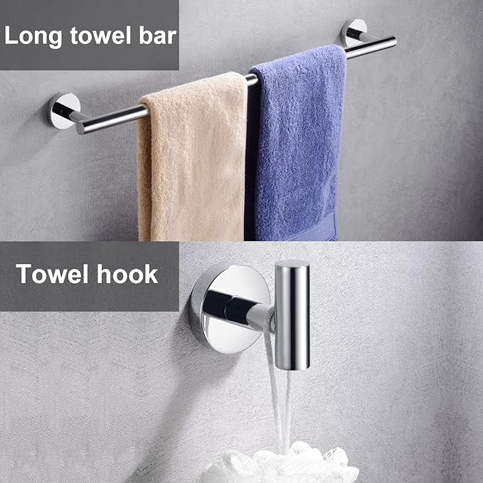 6 Pieces Polished Chrome Bathroom Hardware Accessories Set Hand Towel Ring 16&23.6 inch Round Towel Bar Toilet Paper Holder Towel Hooks 2 Pieces SUS 304 Stainless Steel,Heavy Duty,Wall Mounted
