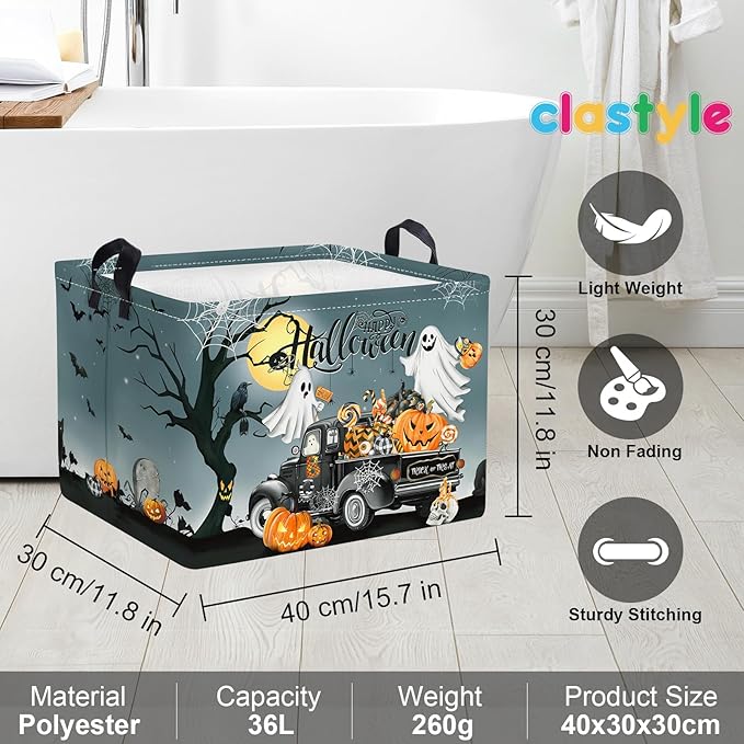 Clastyle Halloween Pumpkin Storage Basket Kid Spooky Book Gift Basket Empty Outdoor Graveyard Jack-o-lantern Boo Bin Baby Nursery Clothes Hamper Toy Box,Ghost Truck,40*30*30 cm