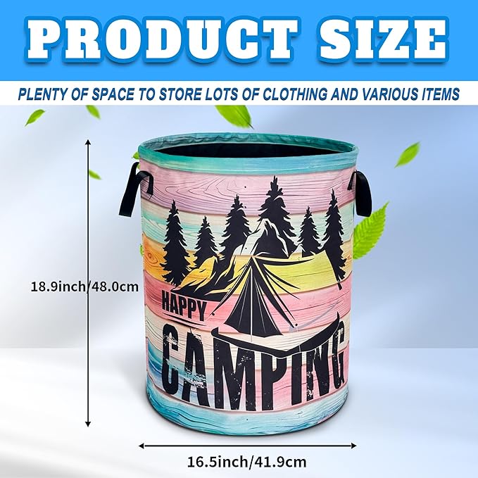 Happy Camping Laundry Basket Mountains Forest Oxford Cloth Laundry Hamper With Handle Foldable Portable Clothes Storage Basket 18.9 X 16.5 In Storage Bag For Laundry Room/Bathroom/Bedroom/Dormitories