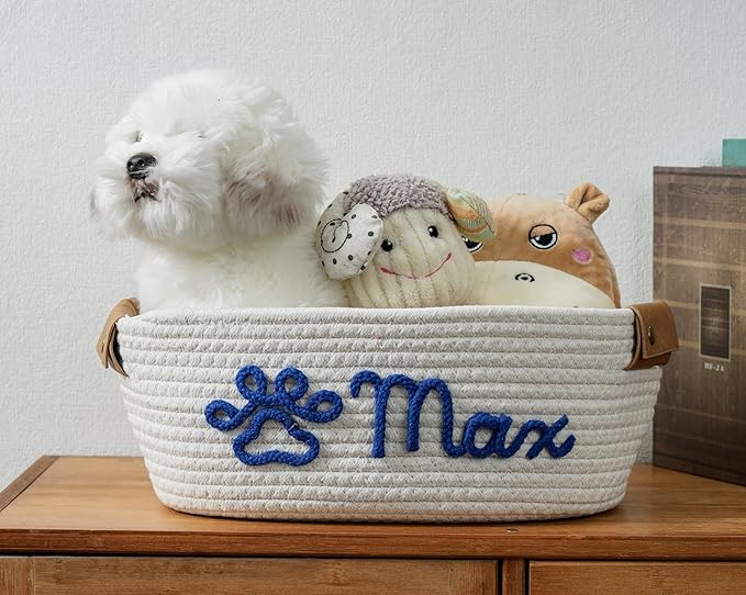 JUPPE Custom Pet Dog Gift Basket with Personalized Name, Cat or Dog Toys and Storage Organizer Customize Pet Cotton Rope Basket Gifts (Pet style)