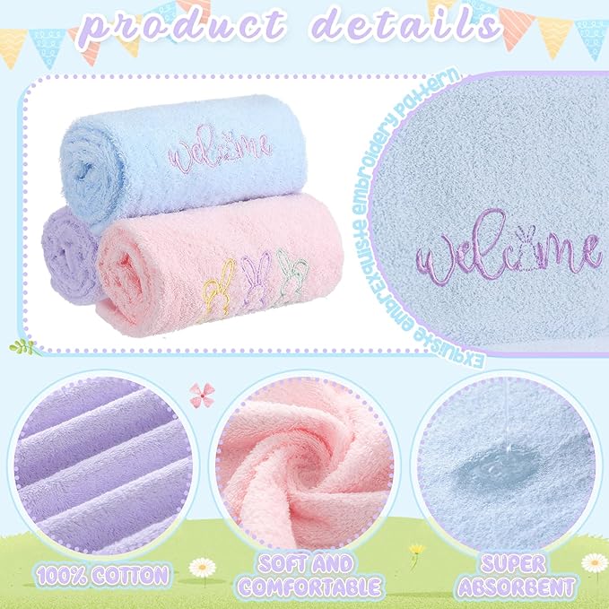 3 Pack Easter Hand Towels 13.4 x 29.2 Inch Cotton Embroidered Happy Easter Bunny Bathroom Towel Absorbent Decorative for Hand Drying Cleaning Gift