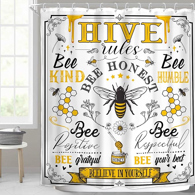 Homewelle Black Yellow Bee Quotes Shower Curtain Vintage Rustic Inspirational Motivational Words Retro Floral Flower Plant Honeycomb 72Wx72H Inch Farmhouse Waterproof Polyester Fabric Bathroom Bathtub