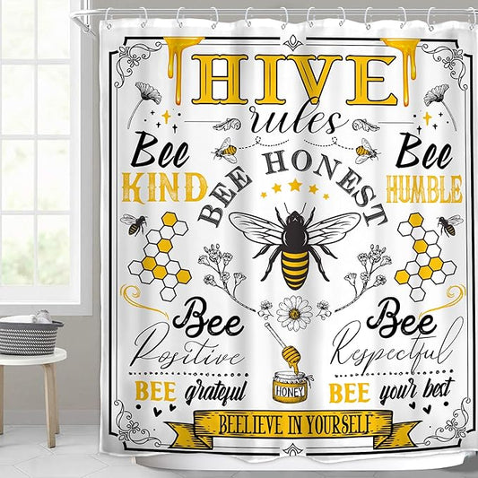 Homewelle Black Yellow Bee Quotes Shower Curtain Vintage Rustic Inspirational Motivational Words Retro Floral Flower Plant Honeycomb 72Wx72H Inch Farmhouse Waterproof Polyester Fabric Bathroom Bathtub