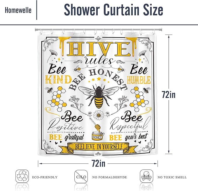 Homewelle Black Yellow Bee Quotes Shower Curtain Vintage Rustic Inspirational Motivational Words Retro Floral Flower Plant Honeycomb 72Wx72H Inch Farmhouse Waterproof Polyester Fabric Bathroom Bathtub