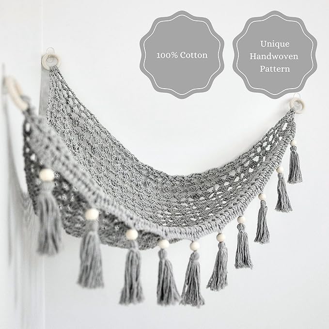 Macrame Toy Hammock for Stuffed Animals - Plush Toy Hammock, Grey Nursery Decor, Hanging Stuffed Animal Organizer, Pebble Grey