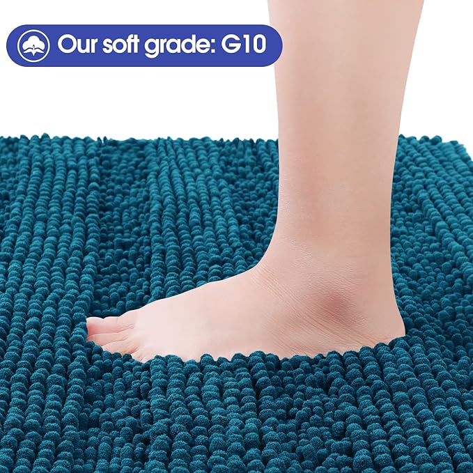 ACCUMTEK Comfydew Striped Teal Blue Bathroom Rug Set 3 Pieces Ultra Soft, Non Slip Chenille Toilet Mat, Absorbent Plush Shaggy Bath Mats for Bathroom, Bedroom, Kitchen
