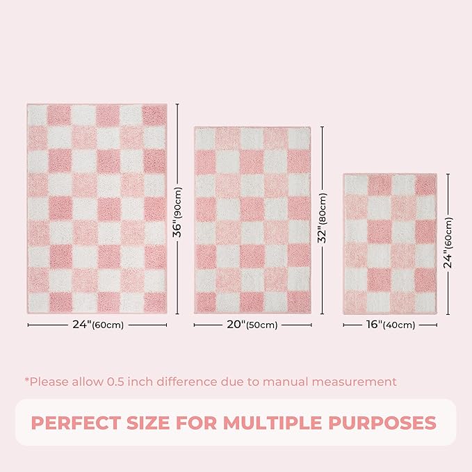 GRANNY SAYS Checkered Pink Bathroom Rugs Decor, 36" x 24", Fluffy Rug, Absorbent Microfiber Ultra Soft Bath Mat Washable, Non-Slip Bath Mats for Bathroom, Cute Floor Mat for Tub, Shower, Bedroom