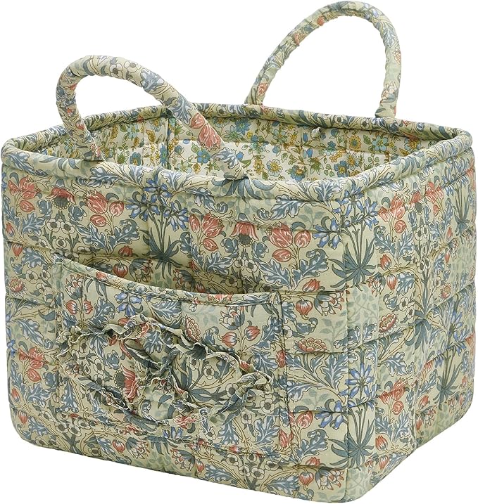 Boho Fabric Storage Basket, Large Capacity Laundry Basket, 12.2'' x 10.23'' x 10.23'' Collapsible Laundry Hamper with Easy Carry Handles (Light Green, L)