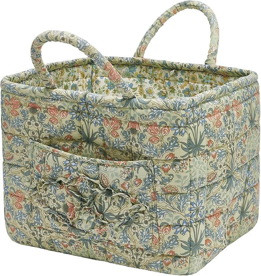 Boho Fabric Storage Basket, Large Capacity Laundry Basket, 12.2'' x 10.23'' x 10.23'' Collapsible Laundry Hamper with Easy Carry Handles (Light Green, L)