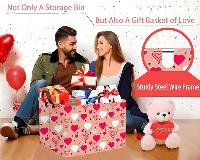 Large Valentine's Day Basket Heart Shaped Storage Bin for Gifts Collapsible Organizer Room Decor (Pink Bottom Red White Love)