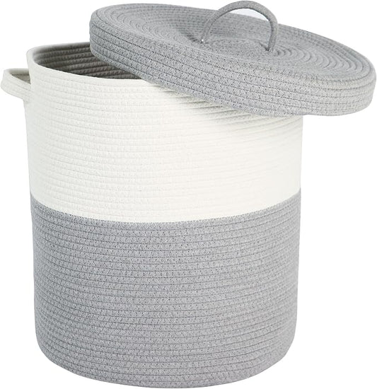 Large Storage Basket with Lid 60L, 16"Wx18"H Woven Laundry Hamper Basket with Handle, Room Decor Cotton Rope Wicker Basket Toy Organizer Bins for Clothes Blankets Pillows, Gray/White Mix includes Lid
