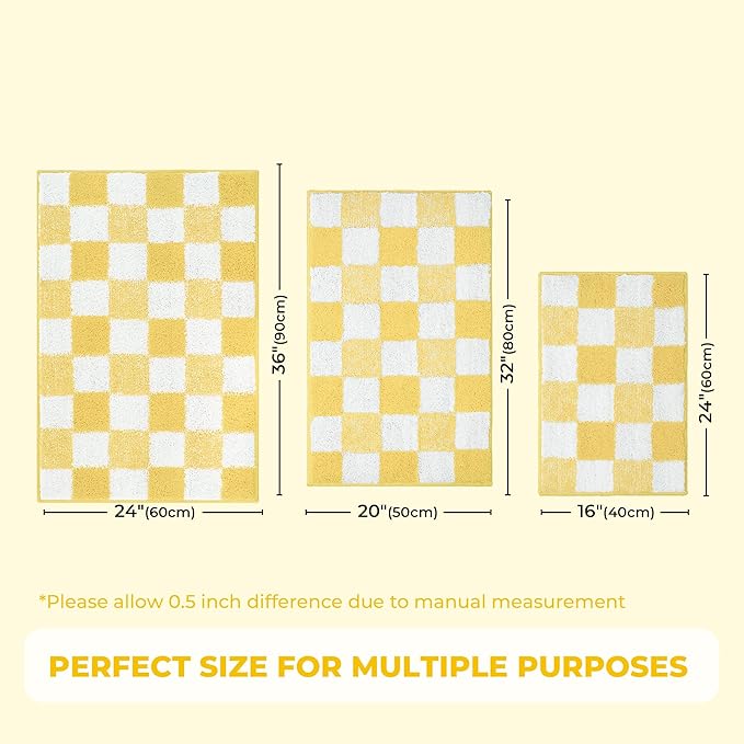 GRANNY SAYS Checkered Yellow Bathroom Rugs, 36" x 24", Non-Slip Bath Mats for Bathroom, Plush Shag Absorbent Microfiber Ultra Soft Bath Mat, Cute Washable Rug for Tub, Shower, Bedroom