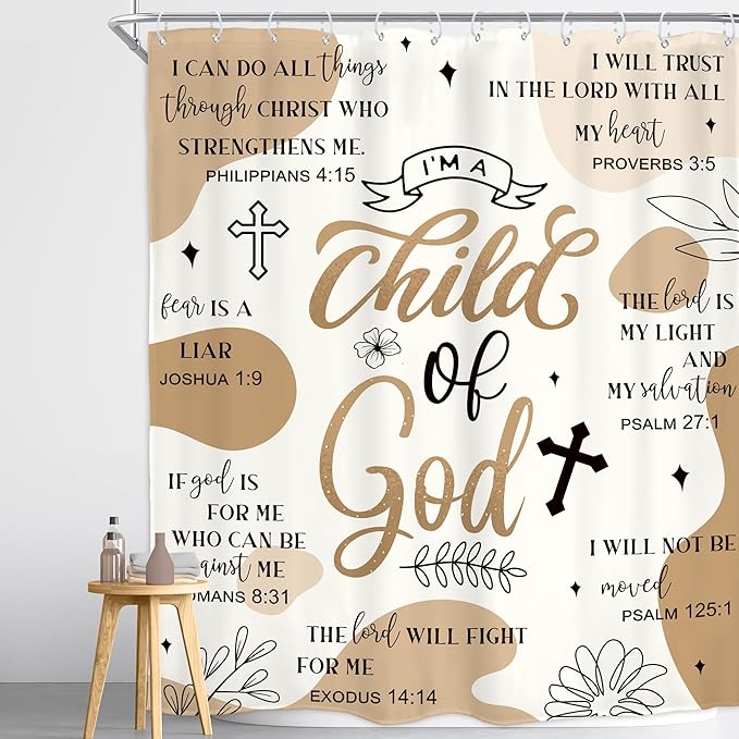 Homewelle Light Brown Abstract Bible Verse Shower Curtain Scripture Christian Boho Mid Century Inspirational Quotes 60Wx72H Inch Minimalist Geometric Plant Waterproof Polyester Fabric Bathroom Bathtub