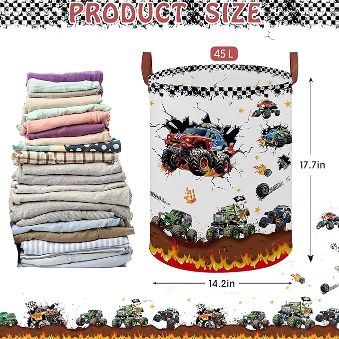 Monster Trucks Storage Basket Laundry Hamper,Collapsible Car Room Decor for Boys,Waterproof Monster Trucks Valentine's Day Gift Bag,45L Large Clothes Towel Toy Book Nursery Hamper(Round)