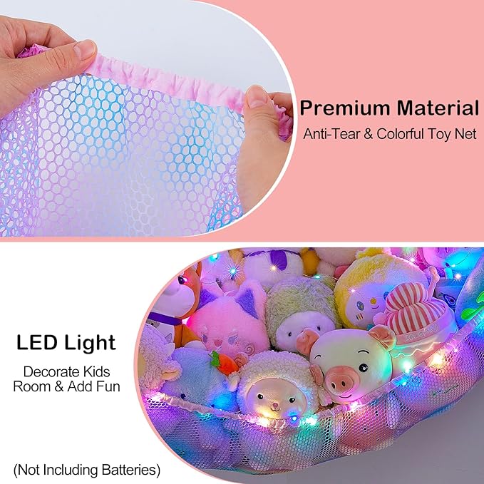 Unicorn Castle Stuffed Animals Net or Hammock Kids Toy Storage Organizer with LED Light Hanging Corner Stuffed Animals Holder Kids Girls Room Decor,Blue-Purple,Large (Pack of 2)