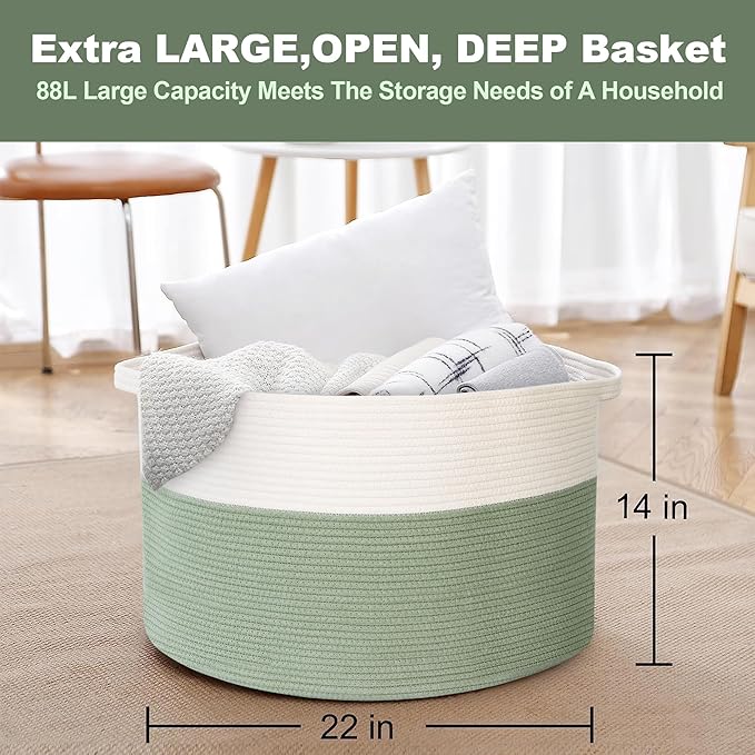 Extra Large Blanket Basket, 22" X 22" X 14" Kids Dog Toy Storage Bin Box, Nursery Baby Toddler Toy Organizer, Soft Cotton Rope Woven Bin, Large Basket for Blankets for Living Room, Green