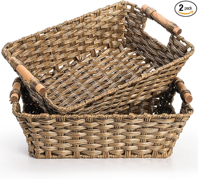 2 Pack Brown Wicker Storage Basket, Metal Frame Hand Woven Organizer Bin with Handle, 14.6" L x 10.7" W x 5" H Waterproof Rattan Laundry Organizer Totes for Pantry, Living Room, Bathroom
