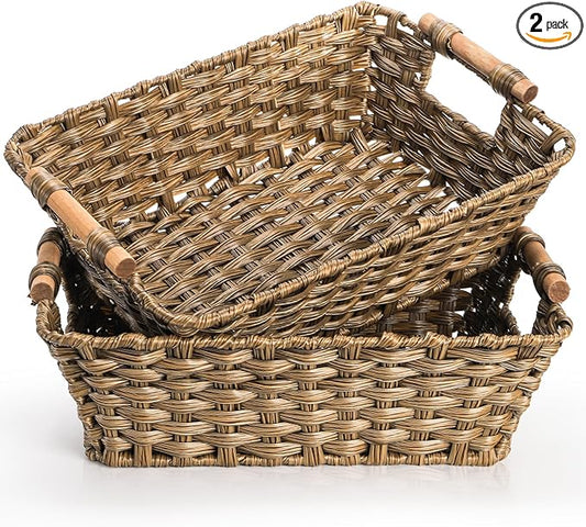 2 Pack Brown Wicker Storage Basket, Metal Frame Hand Woven Organizer Bin with Handle, 14.6" L x 10.7" W x 5" H Waterproof Rattan Laundry Organizer Totes for Pantry, Living Room, Bathroom