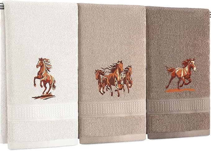 3 Pcs Western Horse Hand Towels Set for Bathroom 100% Cotton Embroidered Decorative Equestrian Horse Themed Gifts Farmhouse Towels for Bathroom Kitchen Decor 13. 3 x 29. 5''