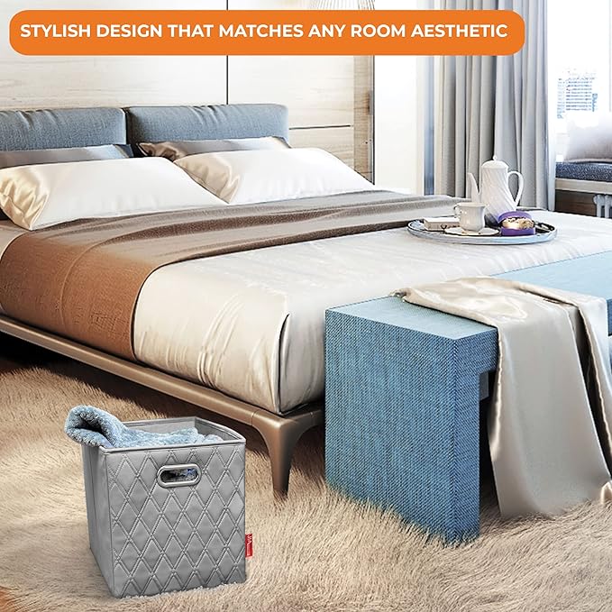 FH Group JIAessentials 13" Faux Leather Foldable Storage Cube Bins Set of 2 – Gray Diamond Patterned Organizers with Handles for Closet & Shelves