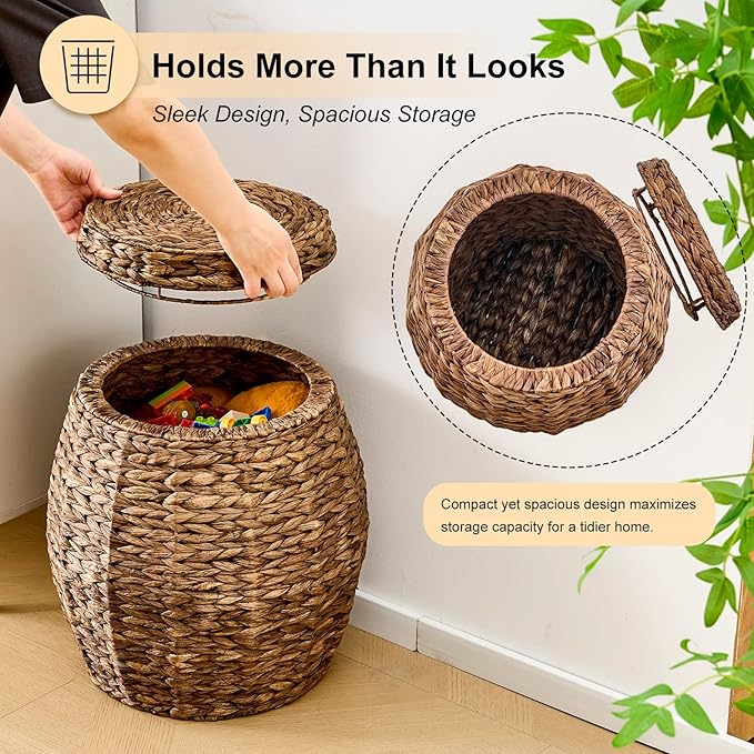 Round Wicker Basket with Lid, Handwoven Water Hyacinth Storage Basket, Blanket Organizer Basket for Laundry, Bathroom, Bedroom, Living Room, Office