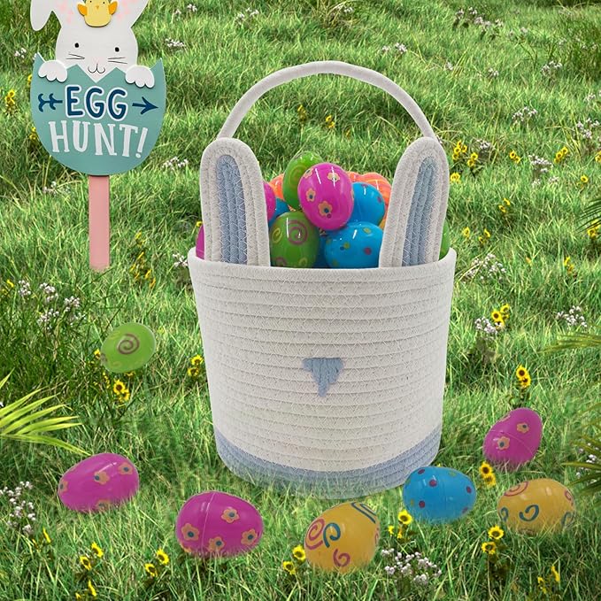 2 Pack Large Woven Easter Baskets for Kids - Boy & Girl Options, Empty Basket with Gift Bags and Ribbons Cute Easter Decorations Bunny Ears Designs (Blue+Green)