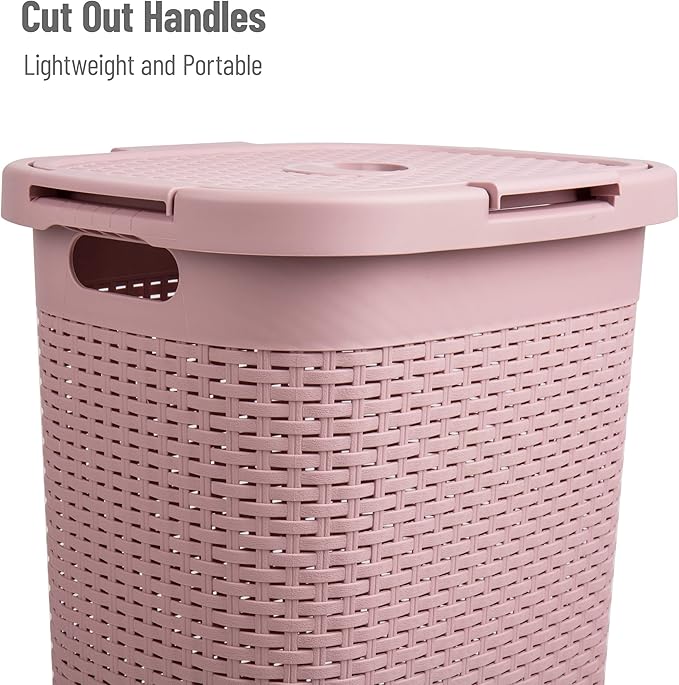 Mind Reader Slim Laundry Hamper with Lid, 60L Clothes Baskets, Premium Wicker Design, Plastic, 2-Pack, Pink