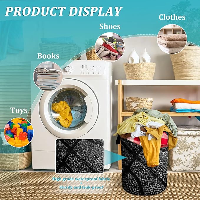 Basketball Texture Black Laundry Basket, Basketball Stripes Laundry Hamper Foldable Waterproof Tote Bag Dirty Clothes Storage Bucket Toy Organizer for Bathroom/Laundry/Bedroom 15.7"x19.6"